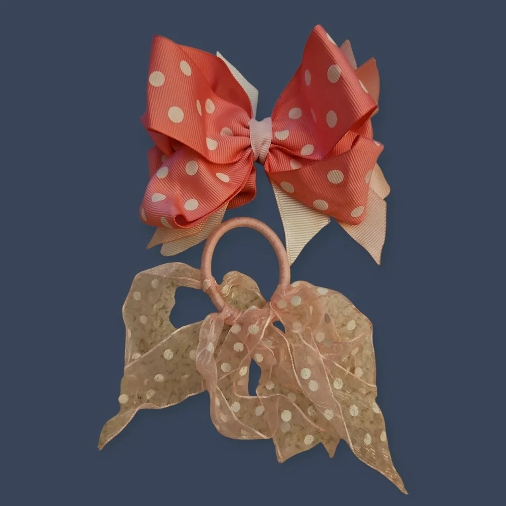 HANDMADE Candy Pink Coquette Polka Dot Hair Bow and Ponytail Holder
